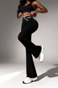 JerZarie Women's stretchy high-waisted flare pants in black with white classic logo
