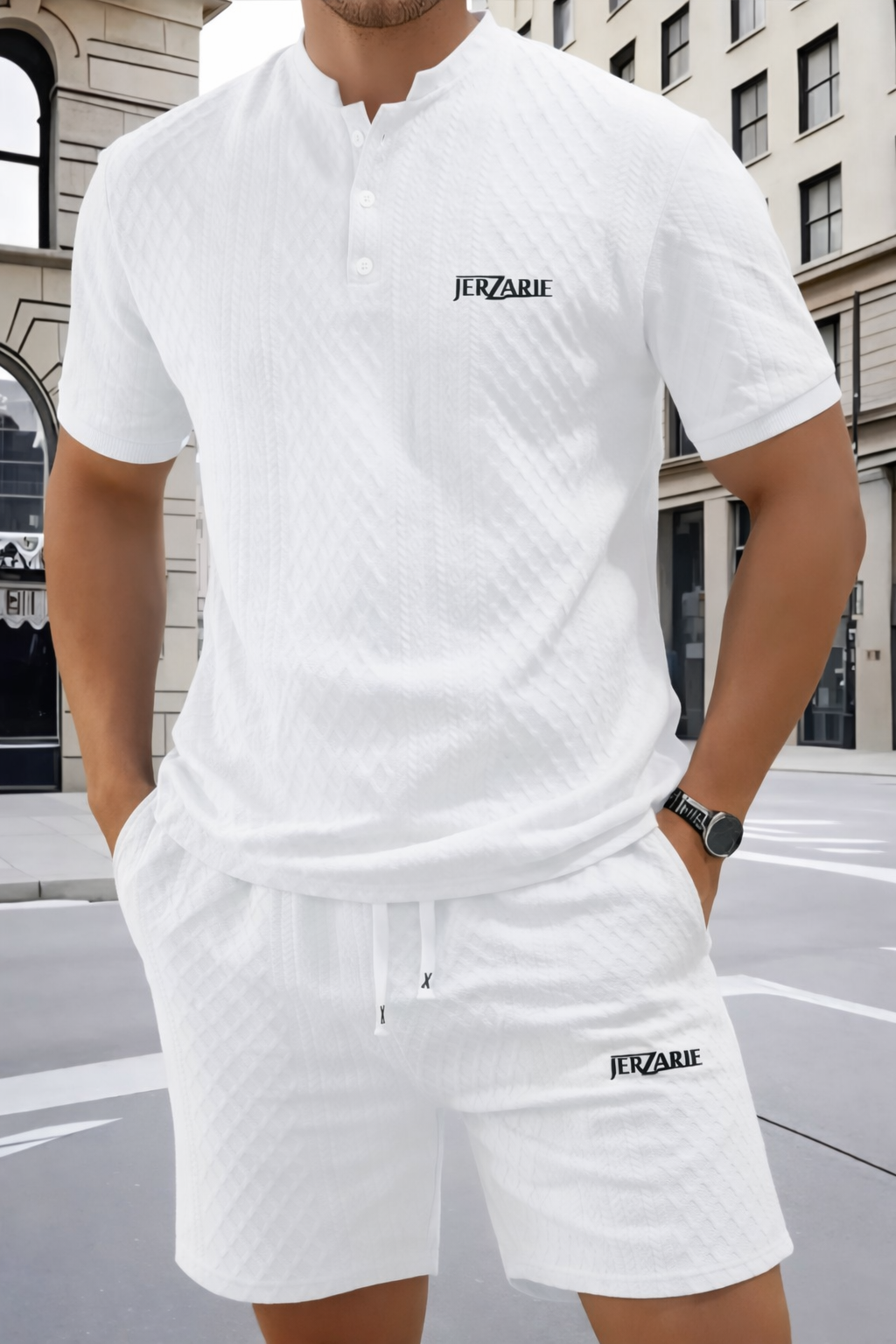 JerZarie Men's stylish 2pcs Soft Jacquard Outfit Set, regular fit in White with black classic logo
