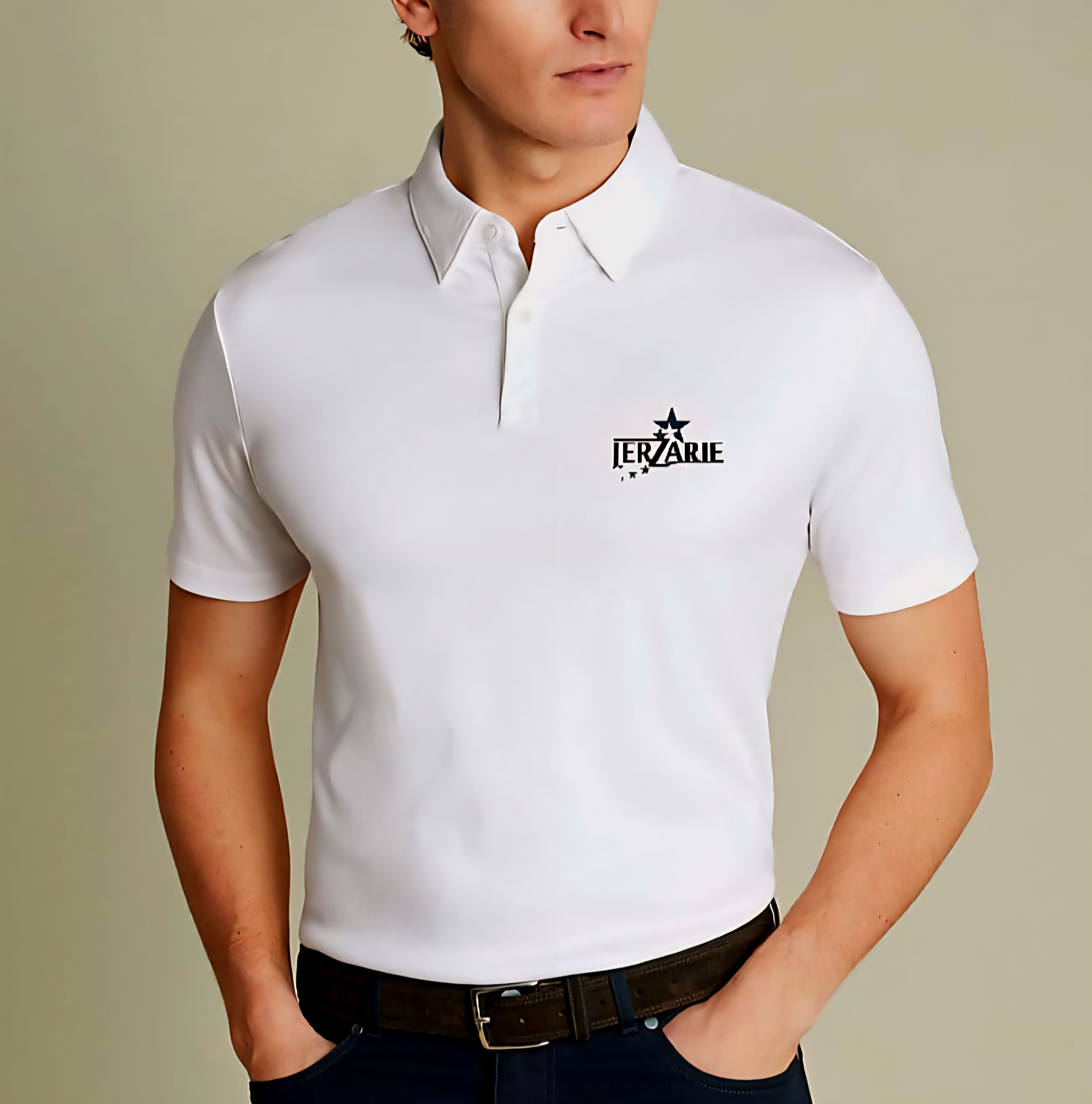 JerZarie Unisex regular fit Polo Shirt in white with black starred logo