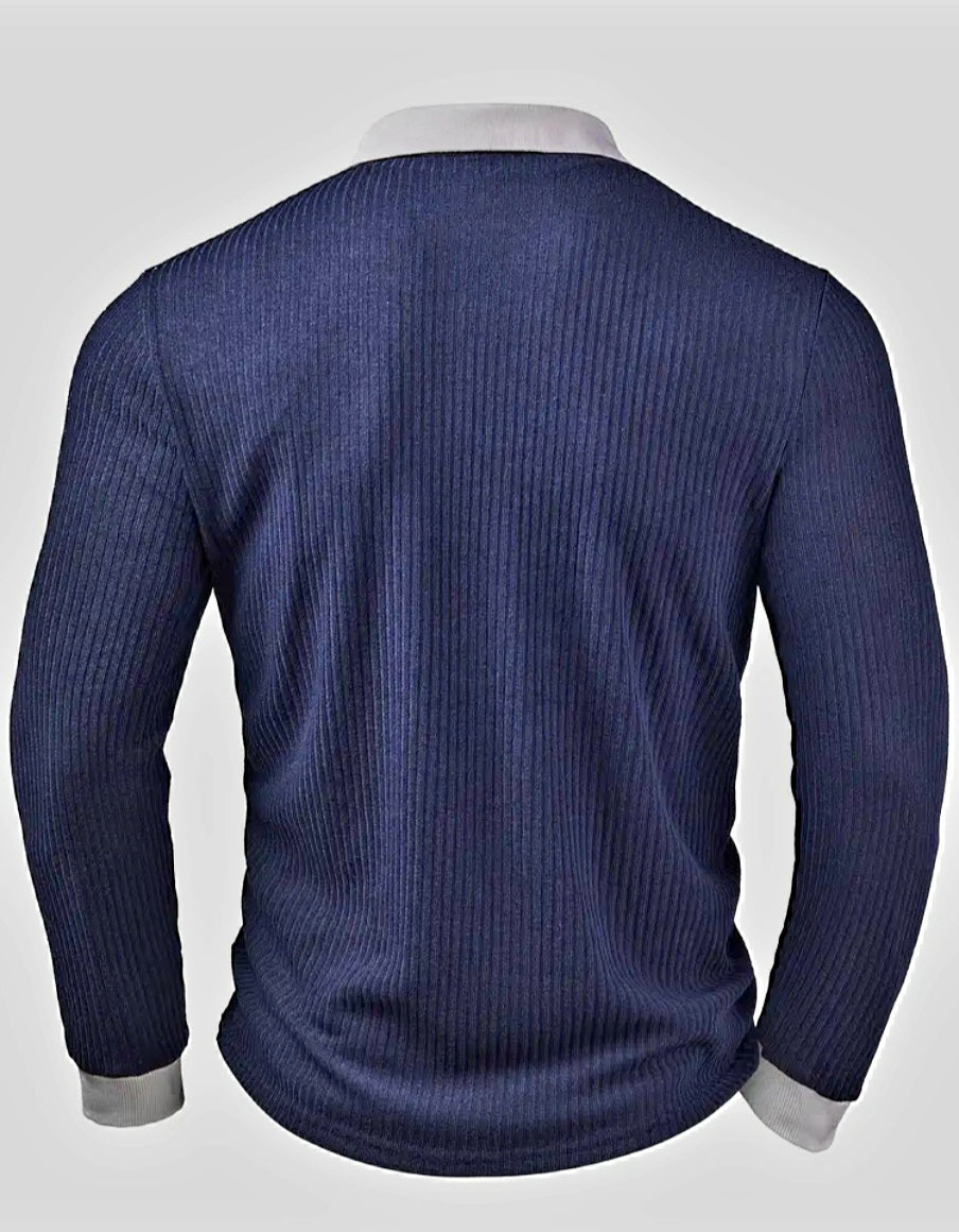 JerZarie Men's long sleeve Polo Shirt in navy blue with white classic logo
