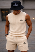 JerZarie Men's stylish 2 piece knit set, regular fit in Beige with black starred logo