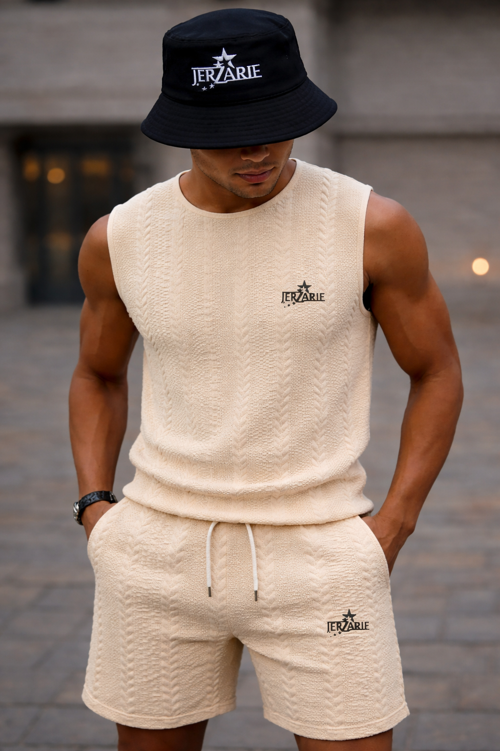 JerZarie Men's stylish 2 piece knit set, regular fit in Beige with black starred logo