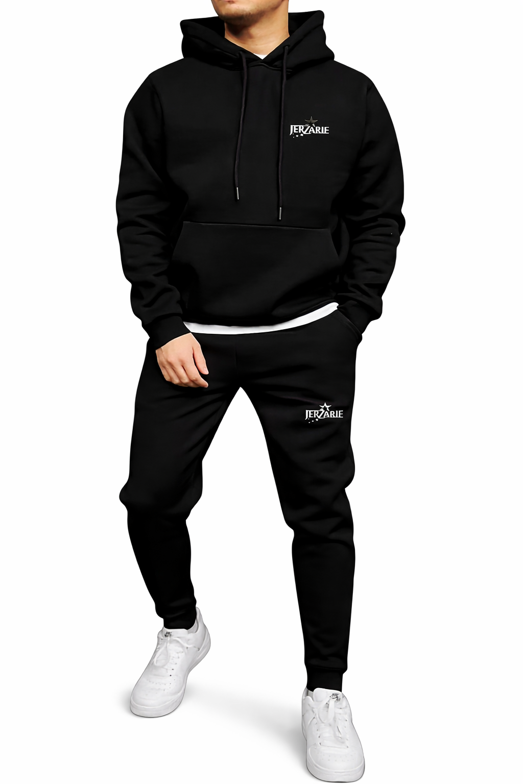 JerZarie Men's hoodie tracksuit in black with white starred logo