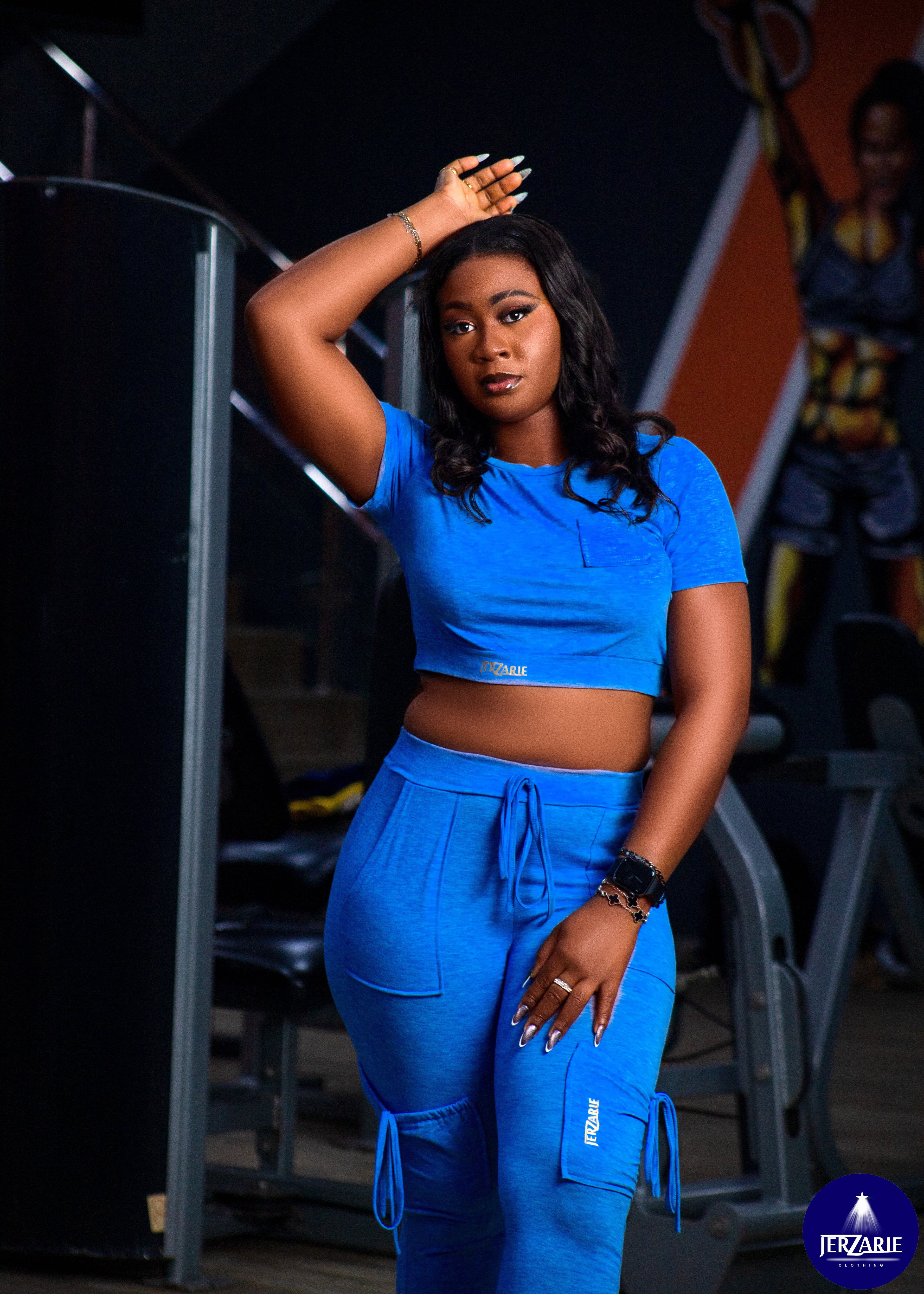 JerZarie Women's Solid Color Slim-Fit Top + Pants Set in Royal Blue with gold classic logo