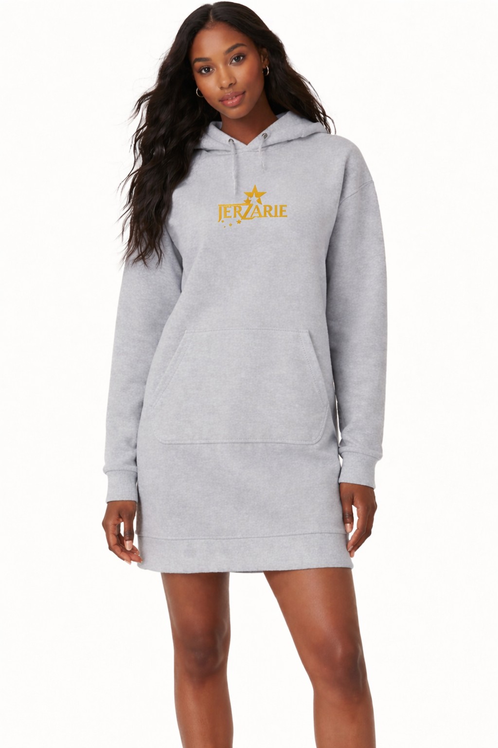 JerZarie Women's hoodie dress in Grey with gold starred logo