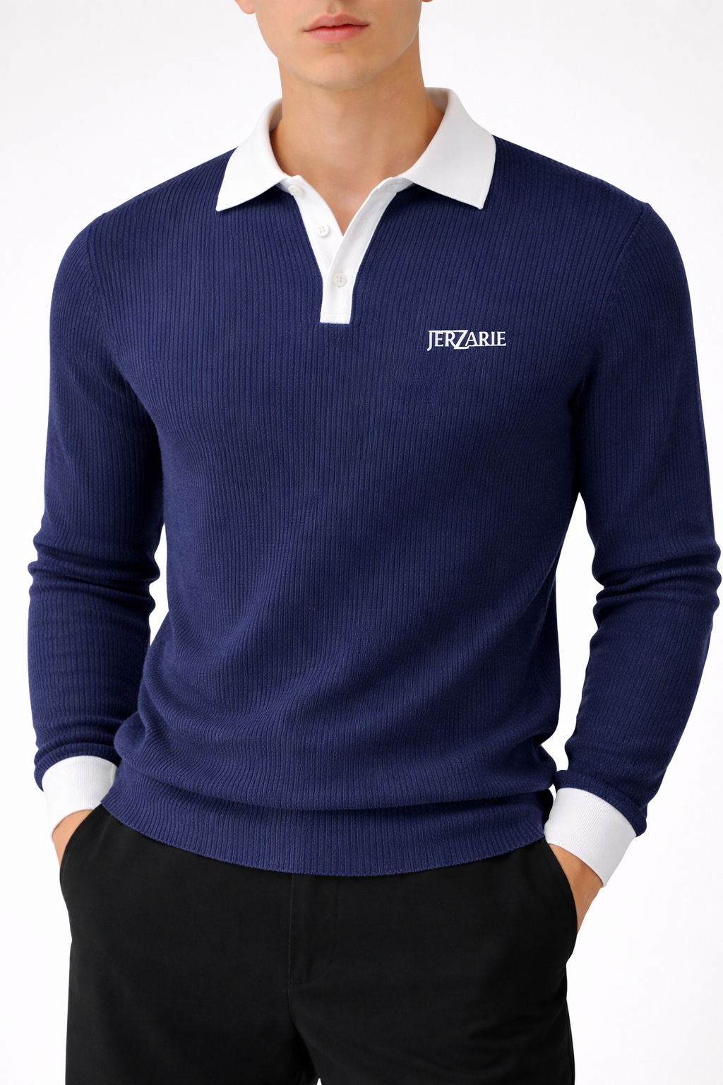 JerZarie Men's long sleeve Polo Shirt in navy blue with white classic logo