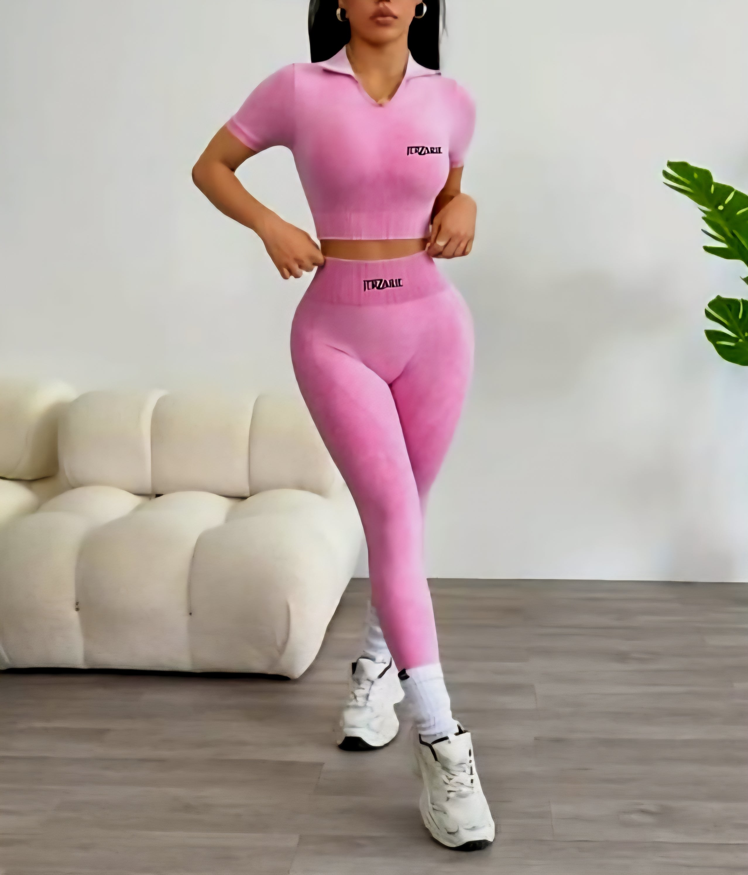 JerZarie Women's Gym Set in Sand washed ash with black classic logo