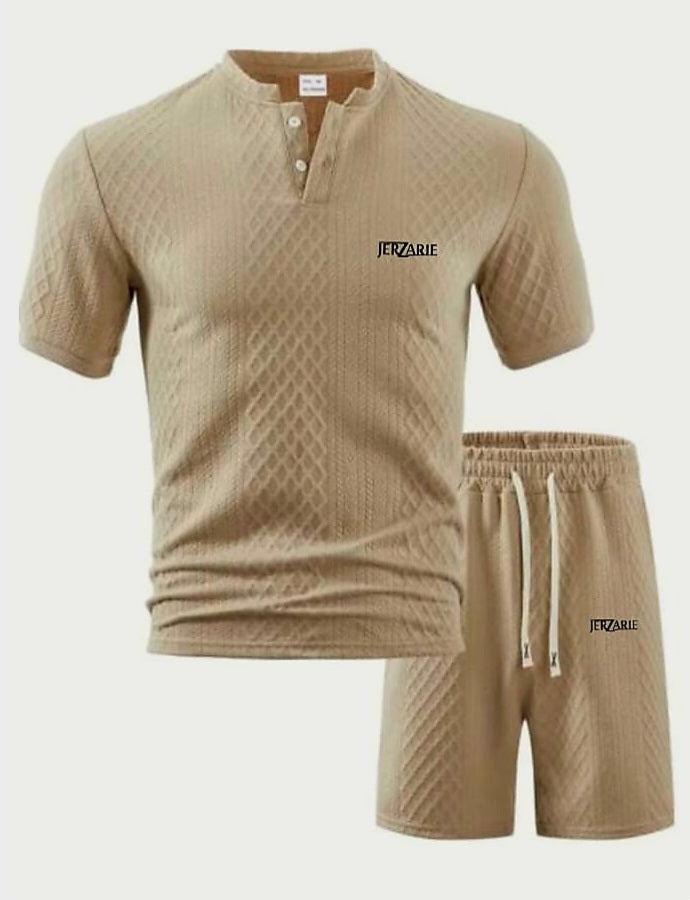 JerZarie Men's stylish 2pcs Soft Jacquard Outfit Set, regular fit in khaki with black classic logo