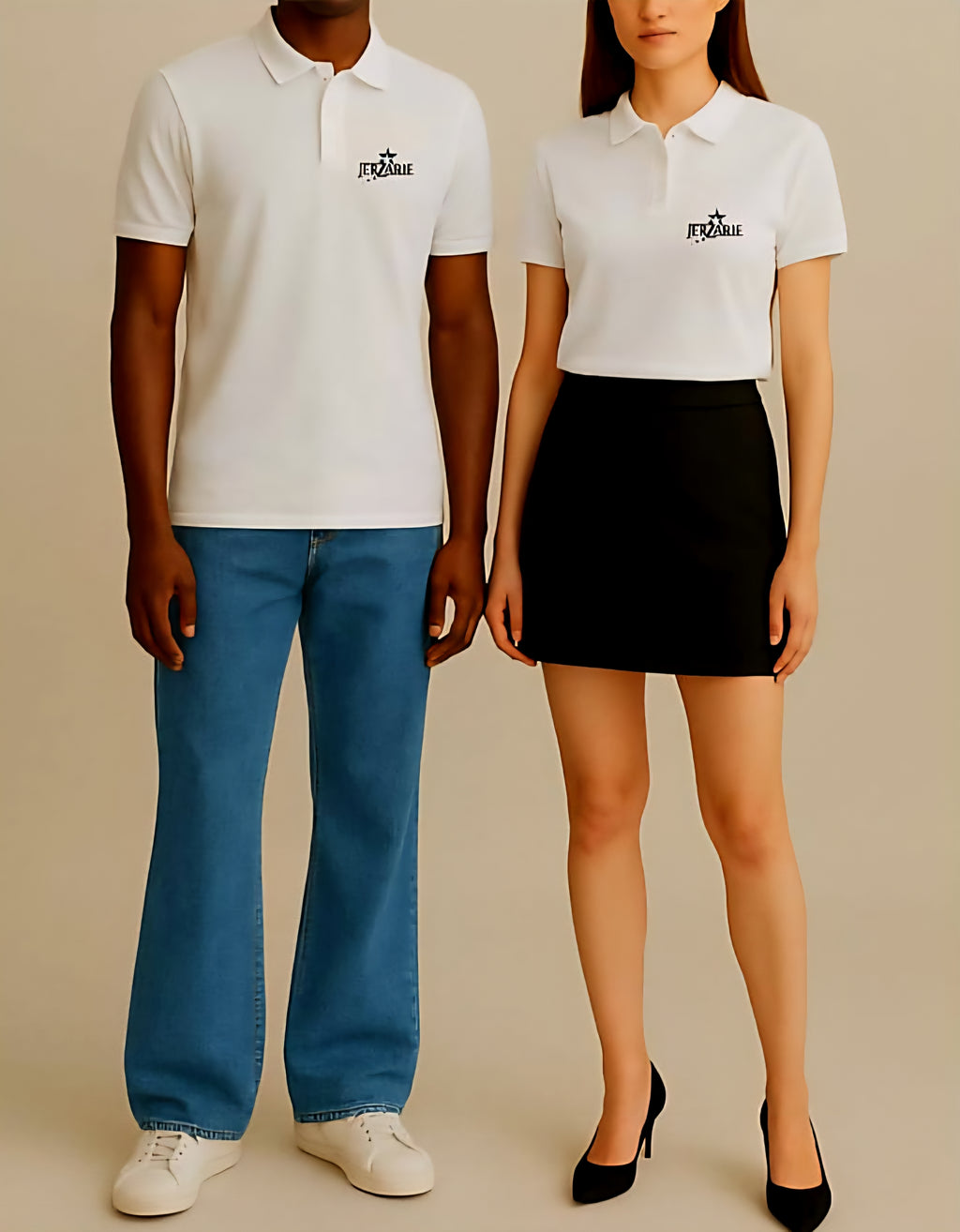 JerZarie Unisex regular fit Polo Shirt in white with black starred logo