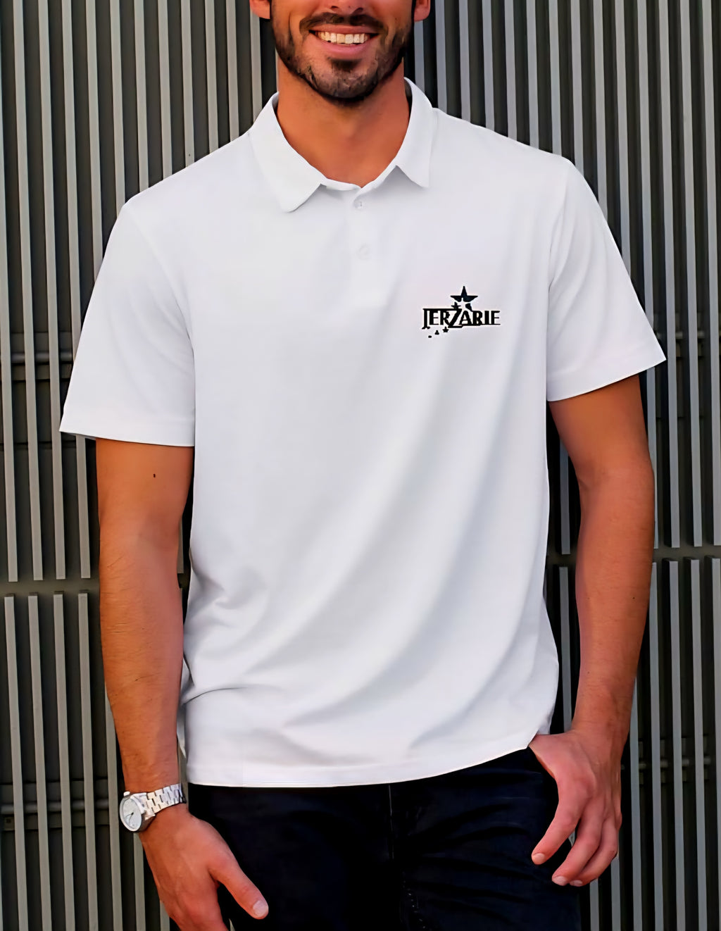JerZarie Unisex regular fit Polo Shirt in white with black starred logo