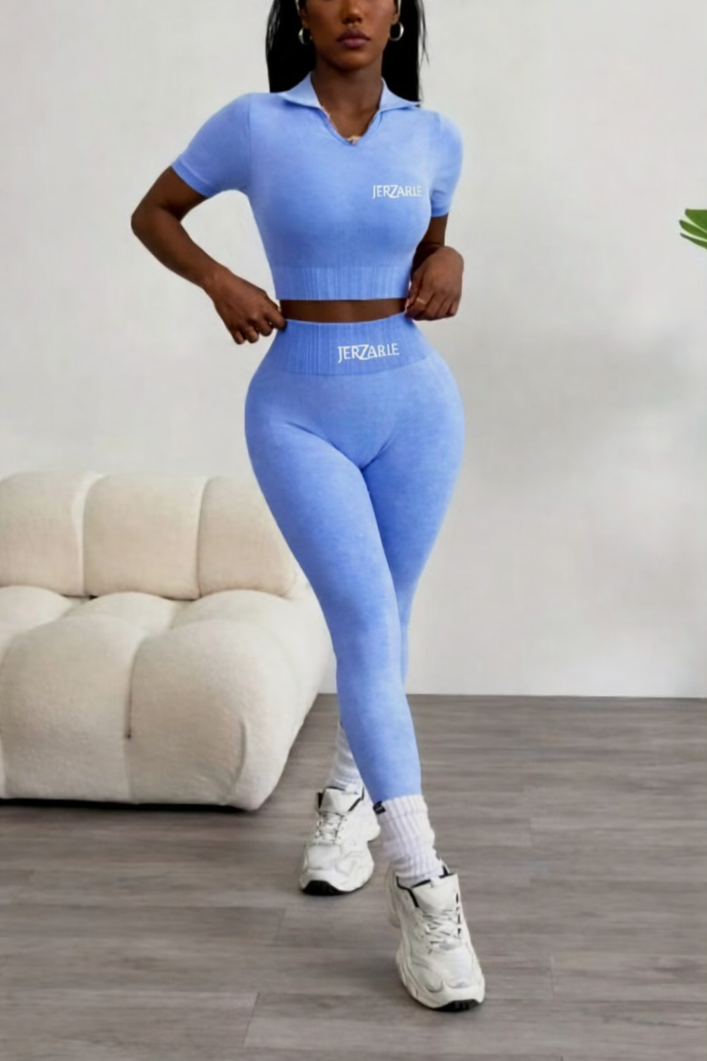 JerZarie Women's Gym Set in Sand washed blue with white classic logo