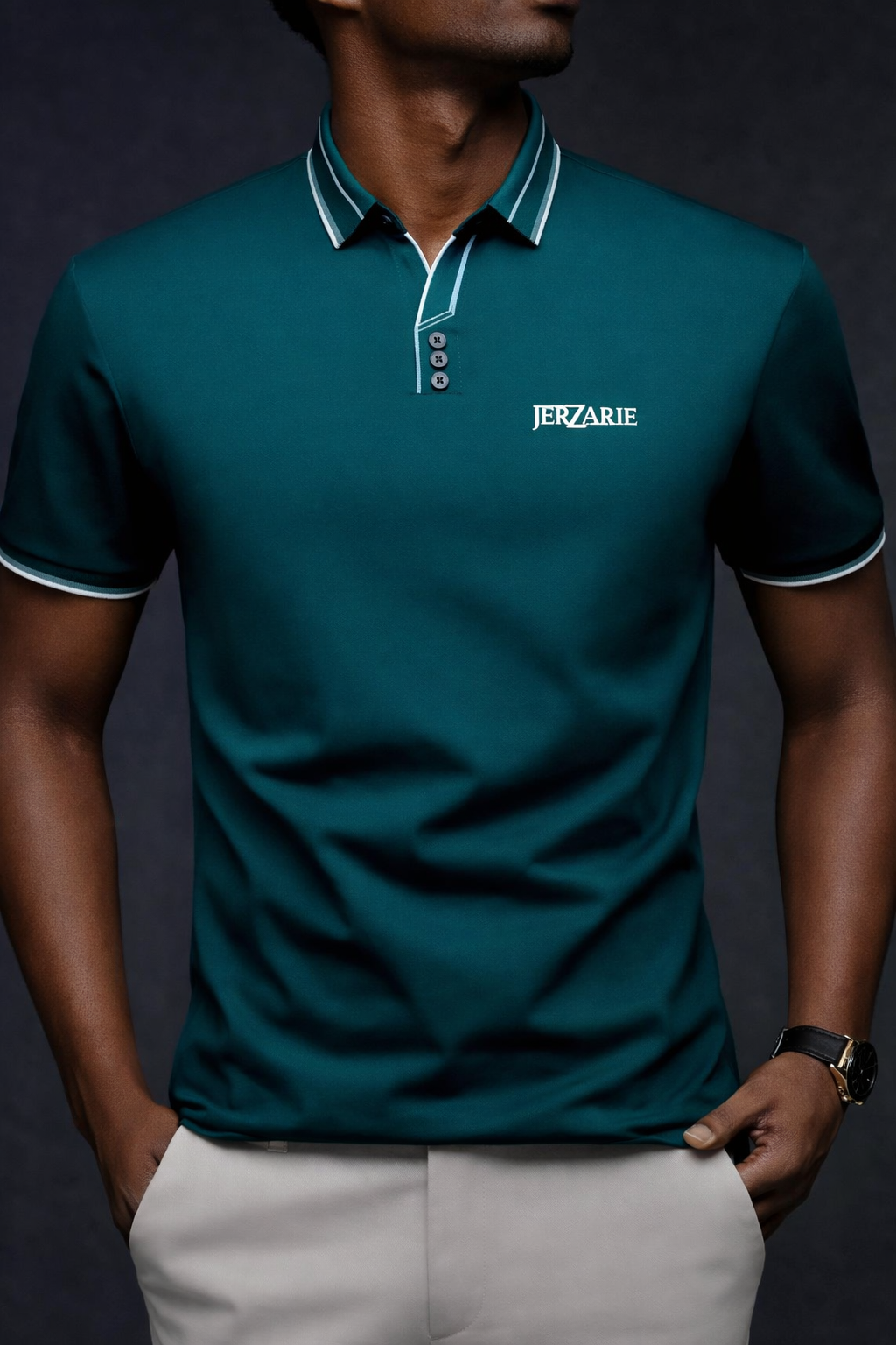 JerZarie Men's (breathable) stylish button front regular fit Polo Shirt in dark grey with white classic logo