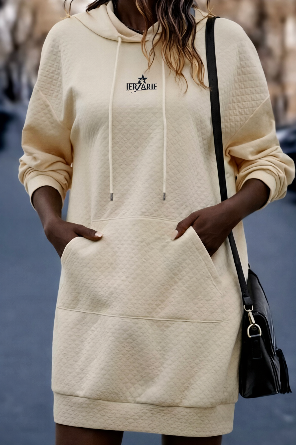 JerZarie Women's patterned hoodie dress in Beige(Apricot) with black starred logo