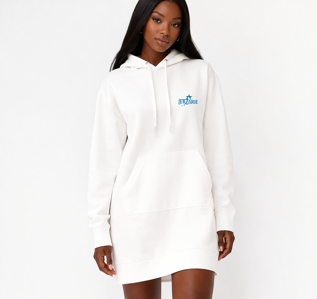 JerZarie Women's hoodie dress in White with blue starred logo