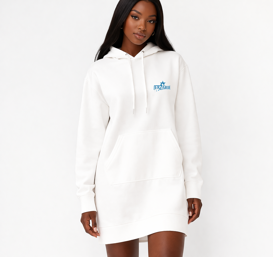 JerZarie Women's hoodie dress in White with blue starred logo
