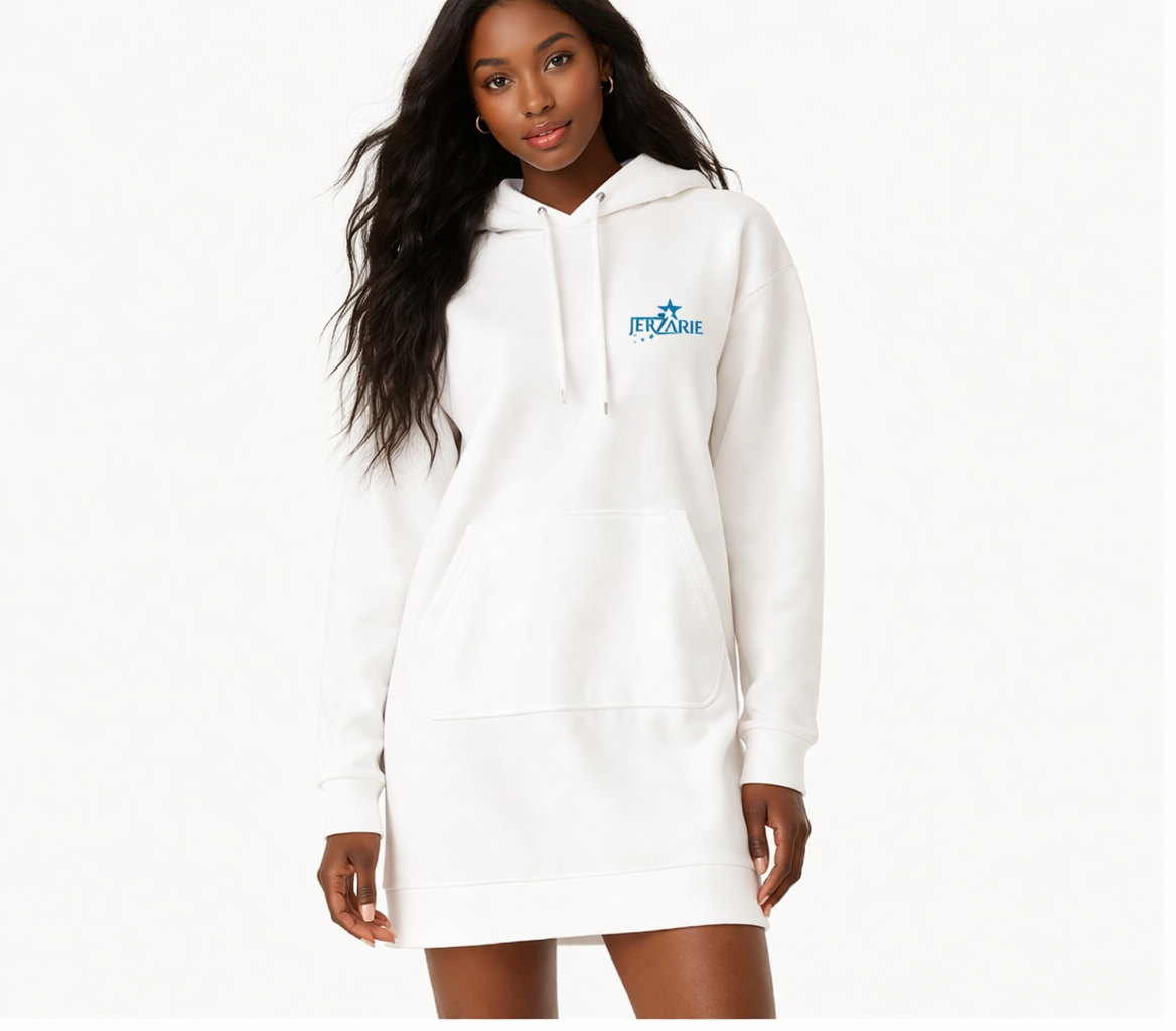 JerZarie Women's hoodie dress in White with blue starred logo