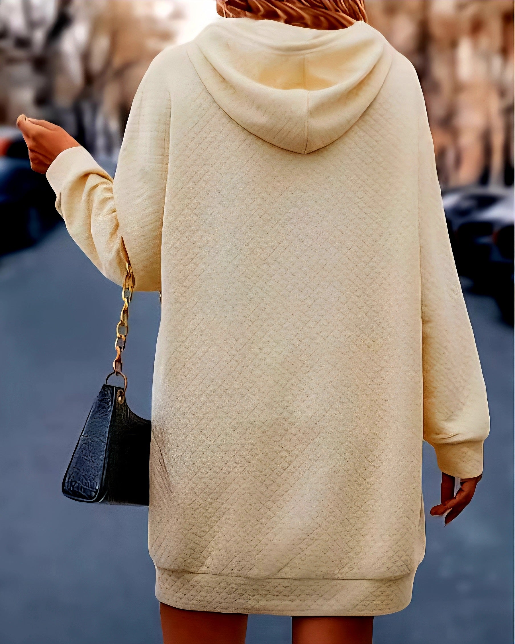 JerZarie Women's patterned hoodie dress in Beige(Apricot) with black starred logo