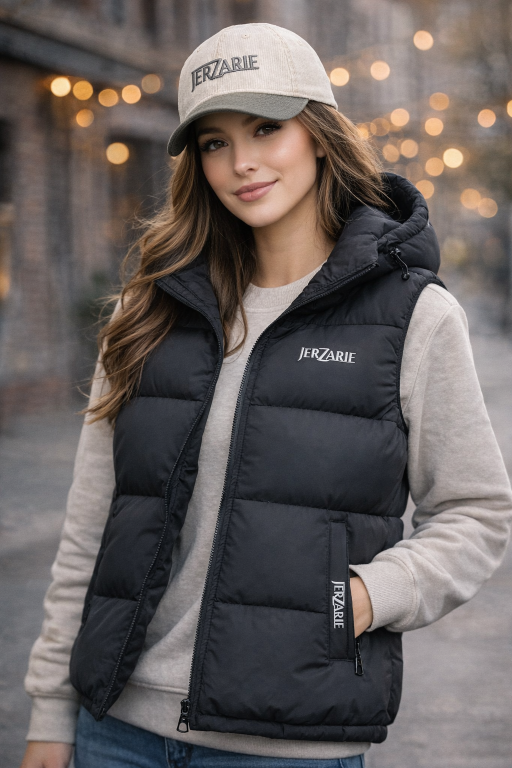 JerZarie Unisex heavyweight hoodie Gilet Jacket in black with white classic logo