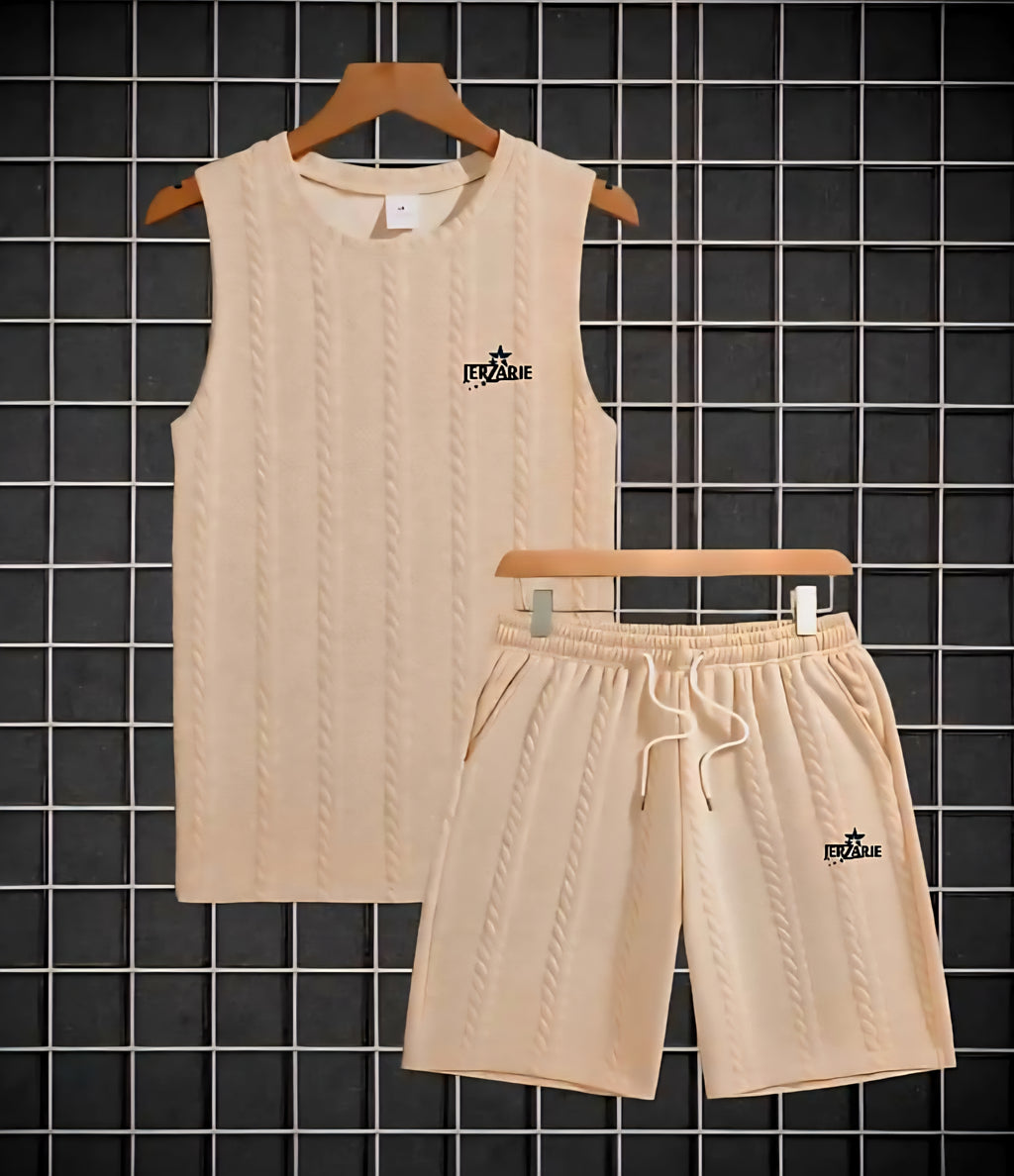 JerZarie Men's stylish 2 piece knit set, regular fit in Beige with black starred logo