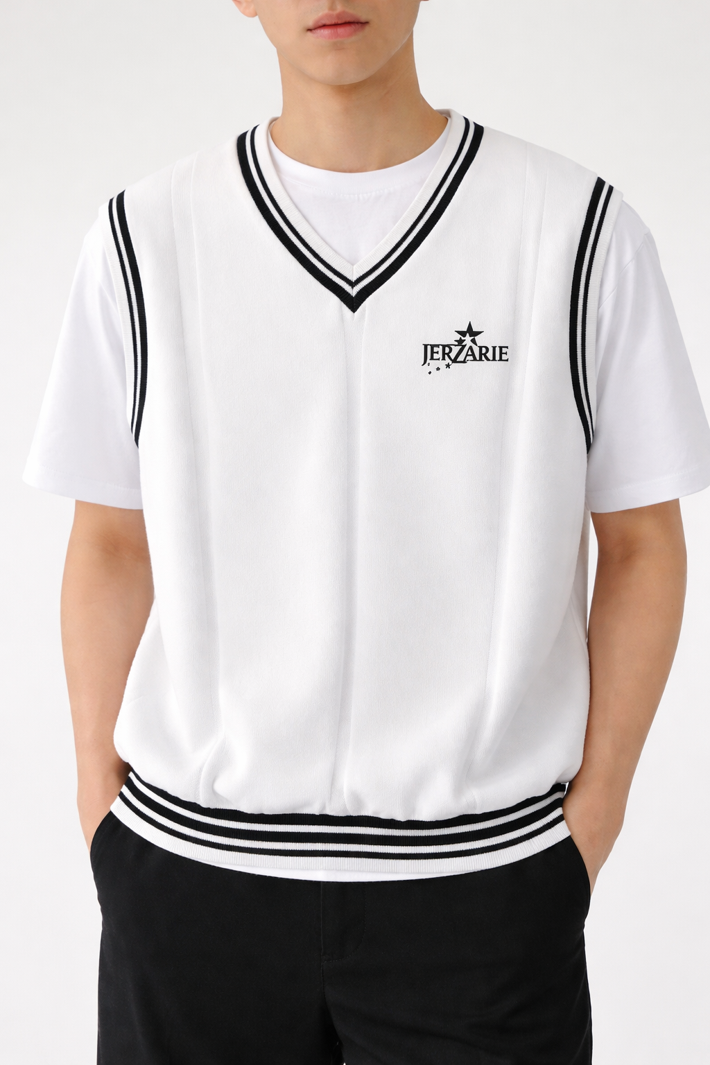 JerZarie Men's Sleeveless jumper in white with black starred logo