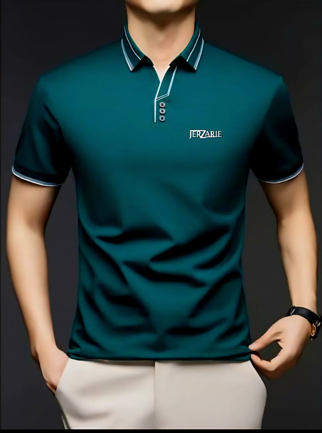 JerZarie Men's (breathable) stylish button front regular fit Polo Shirt in dark grey with white classic logo