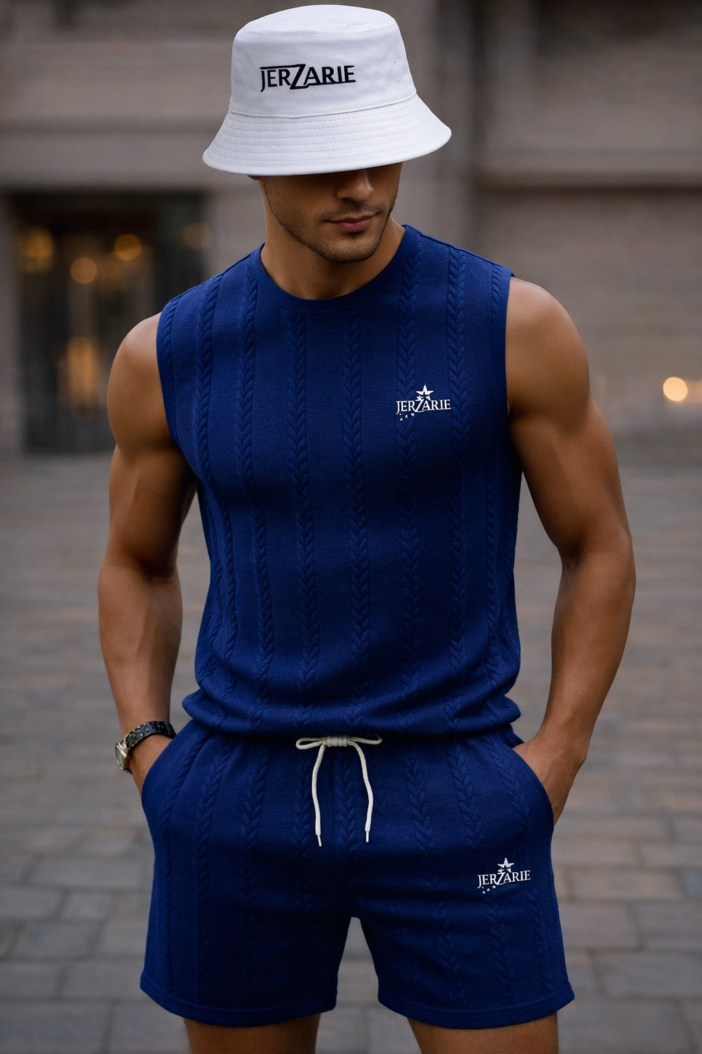 JerZarie Men's stylish 2 piece knit set, regular fit in Navy Blue with white starred logo
