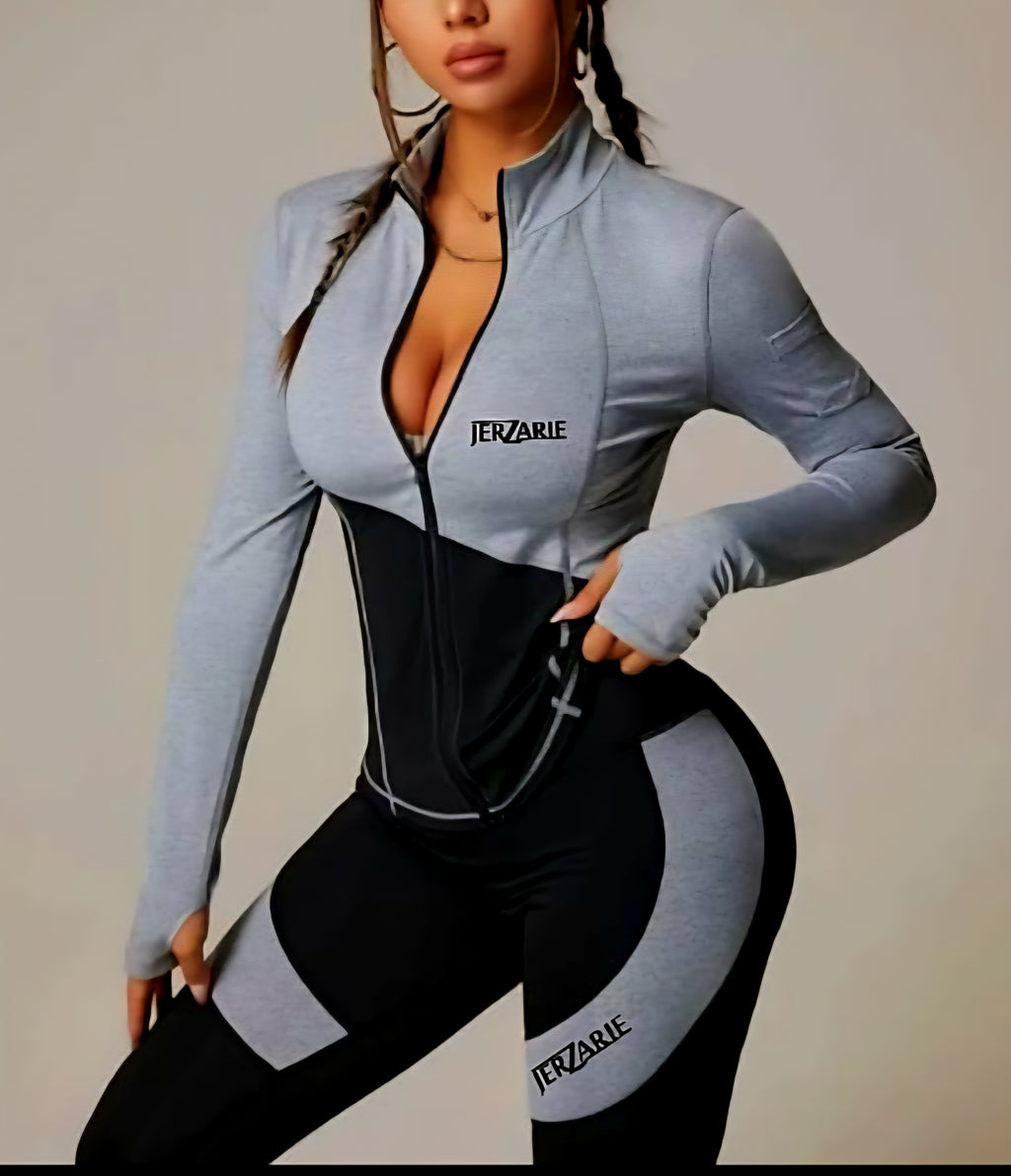 JerZarie Women's (breathable) Workout and Gym Set in grey blue with black classic logo