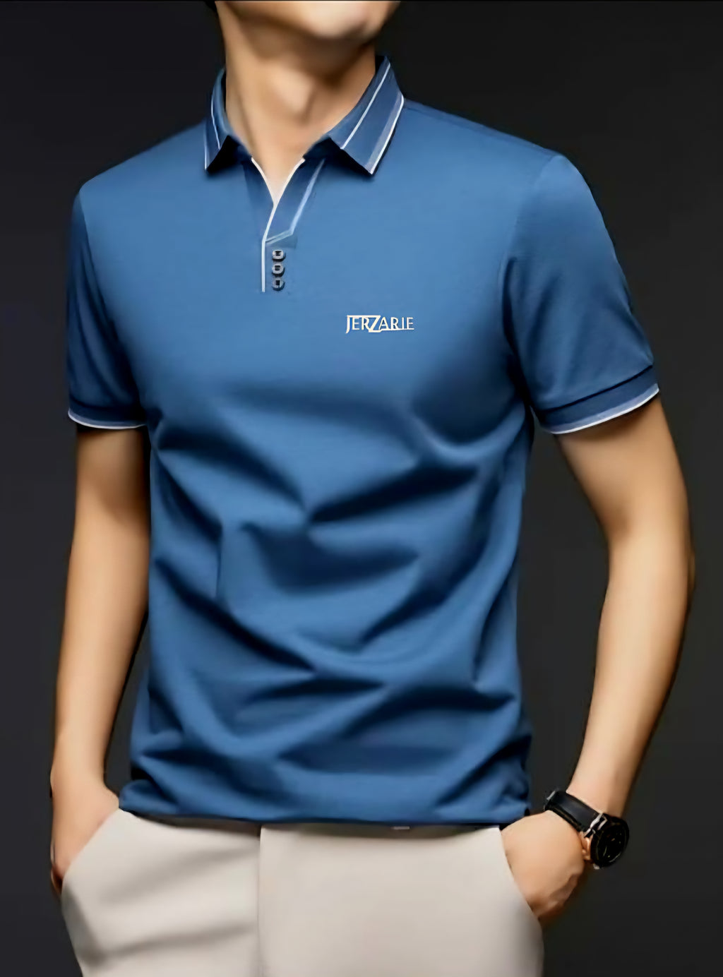 JerZarie Men's (breathable) stylish button front regular fit Polo Shirt in grey blue with white classic logo