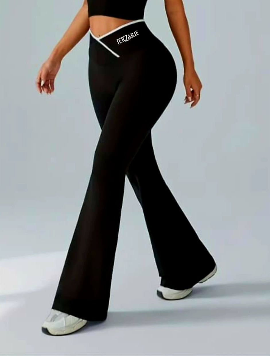 JerZarie Women's stretchy high-waisted flare pants in black with white classic logo