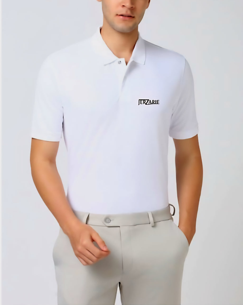 JerZarie Unisex regular fit Polo Shirt in white with black classic logo