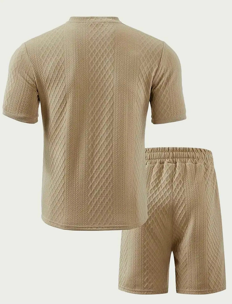 JerZarie Men's stylish 2pcs Soft Jacquard Outfit Set, regular fit in khaki with black classic logo