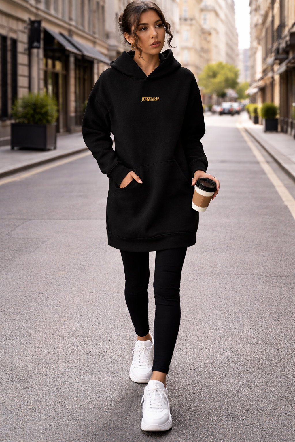 JerZarie Women's hoodie dress in Black with gold classic logo