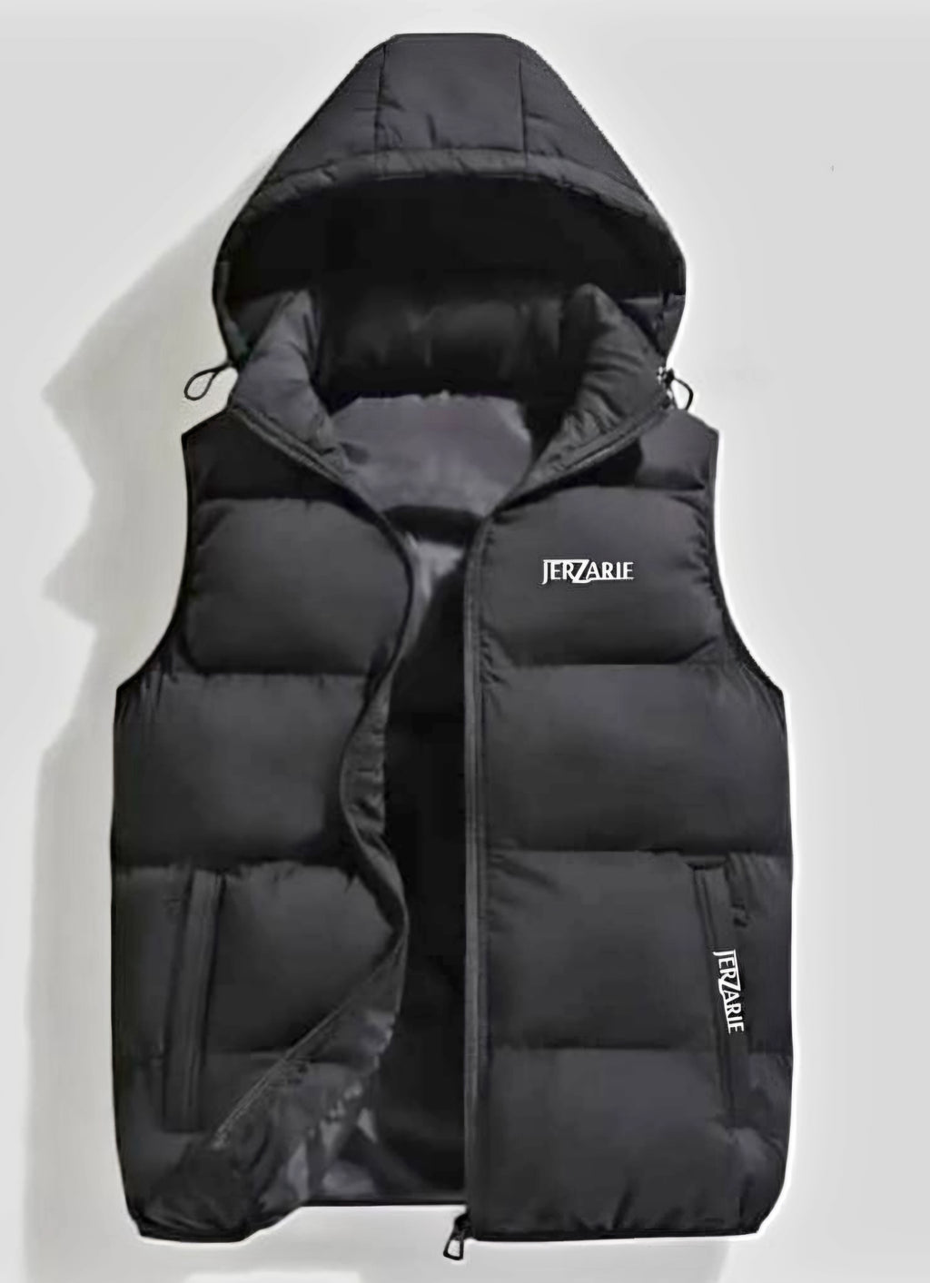 JerZarie Unisex heavyweight hoodie Gilet Jacket in black with white classic logo