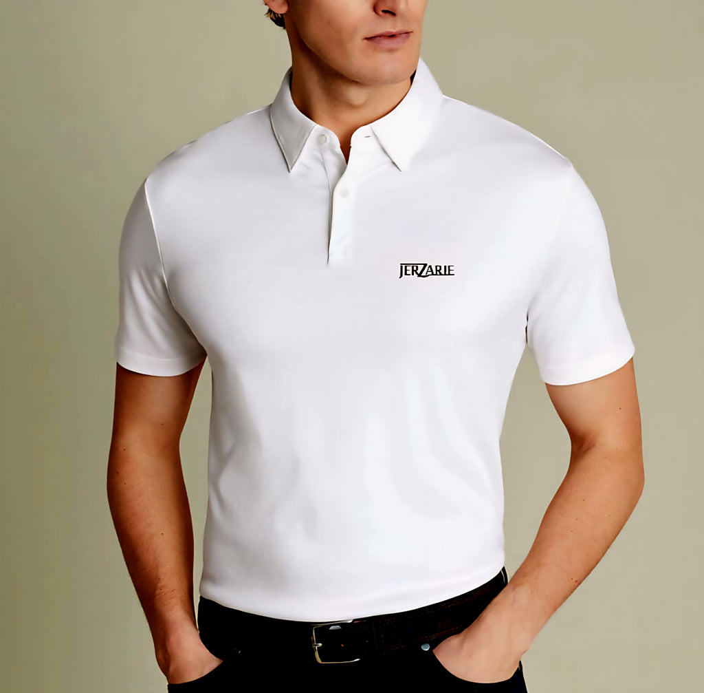 JerZarie Unisex regular fit Polo Shirt in white with black classic logo