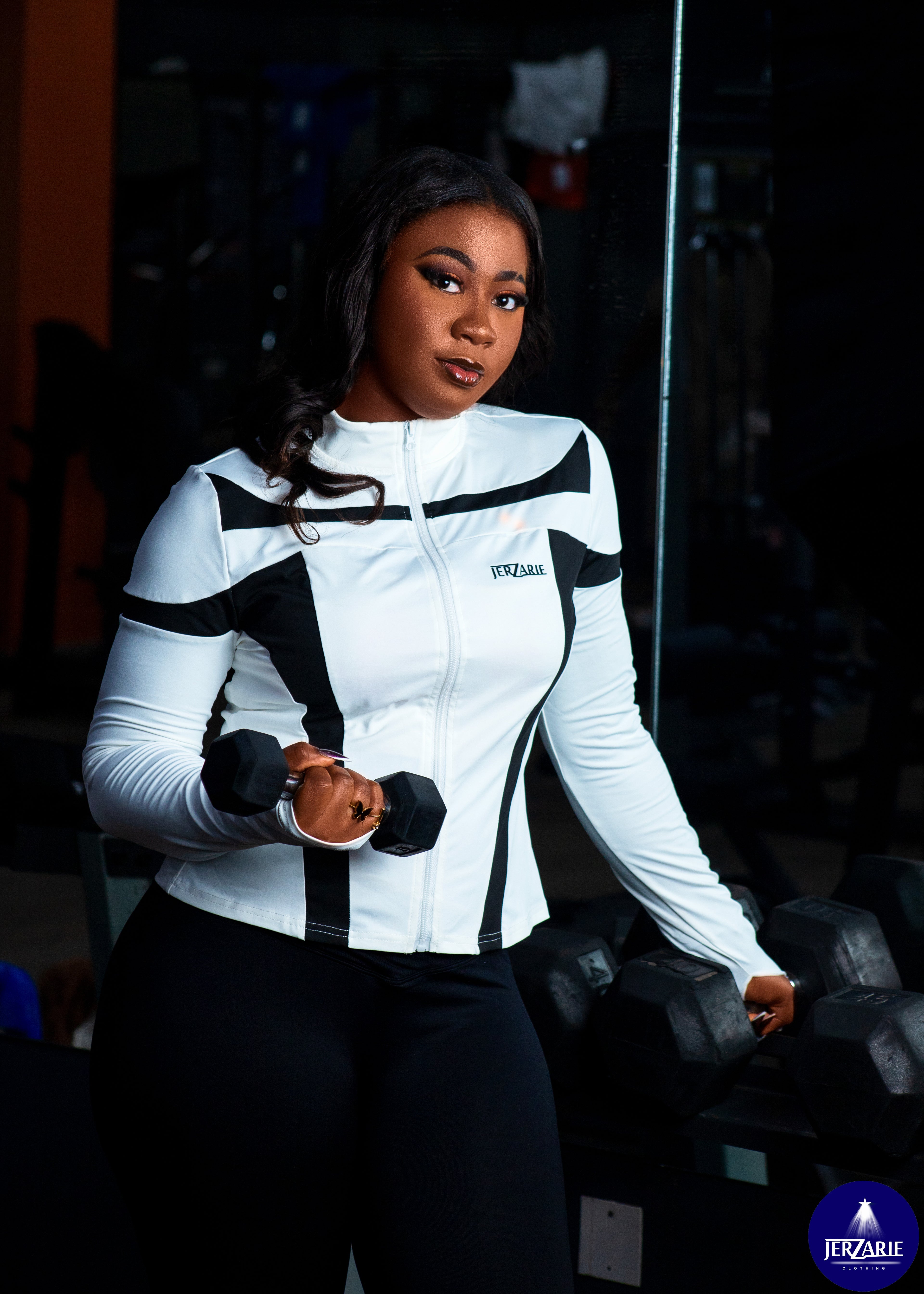 JerZarie Women's (breathable) Athletic Jacket in White with black classic logo