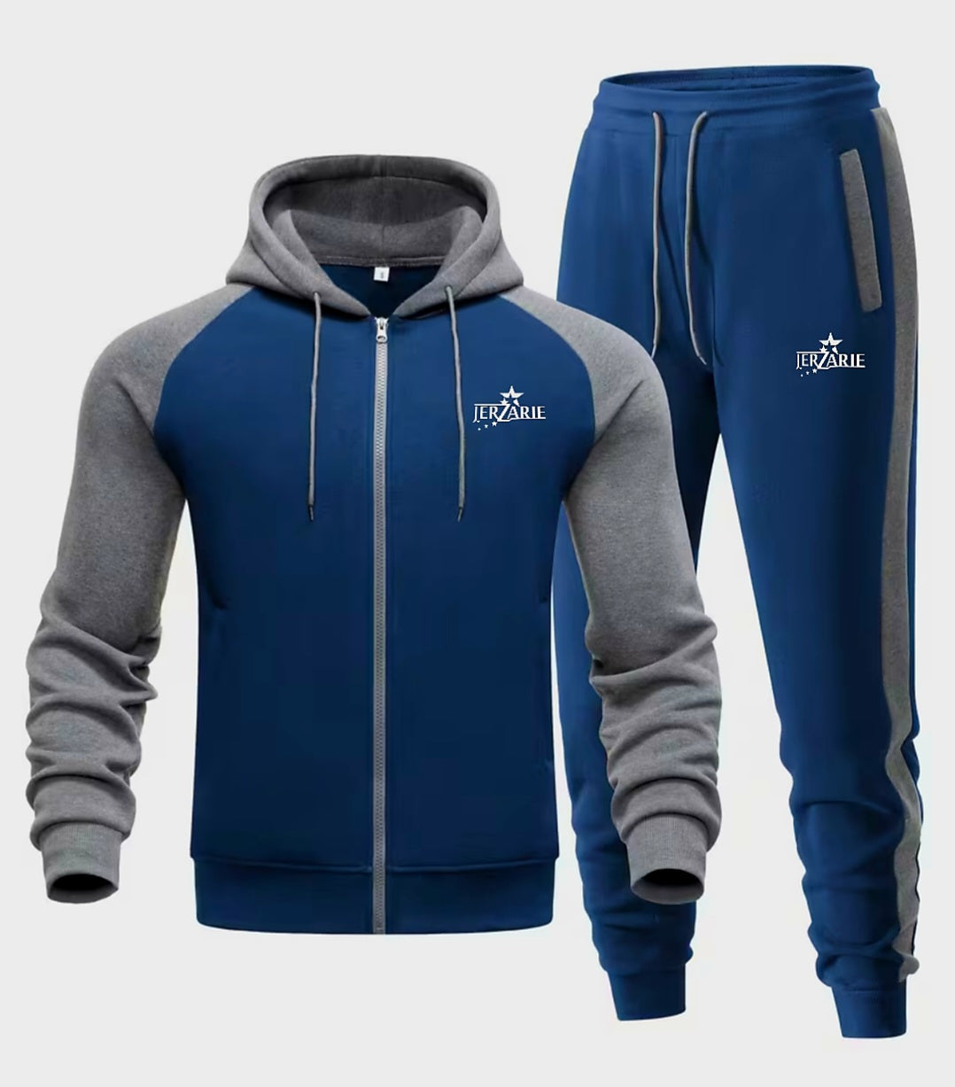 JerZarie Men's hoodie tracksuit in navy blue/grey with white starred logo