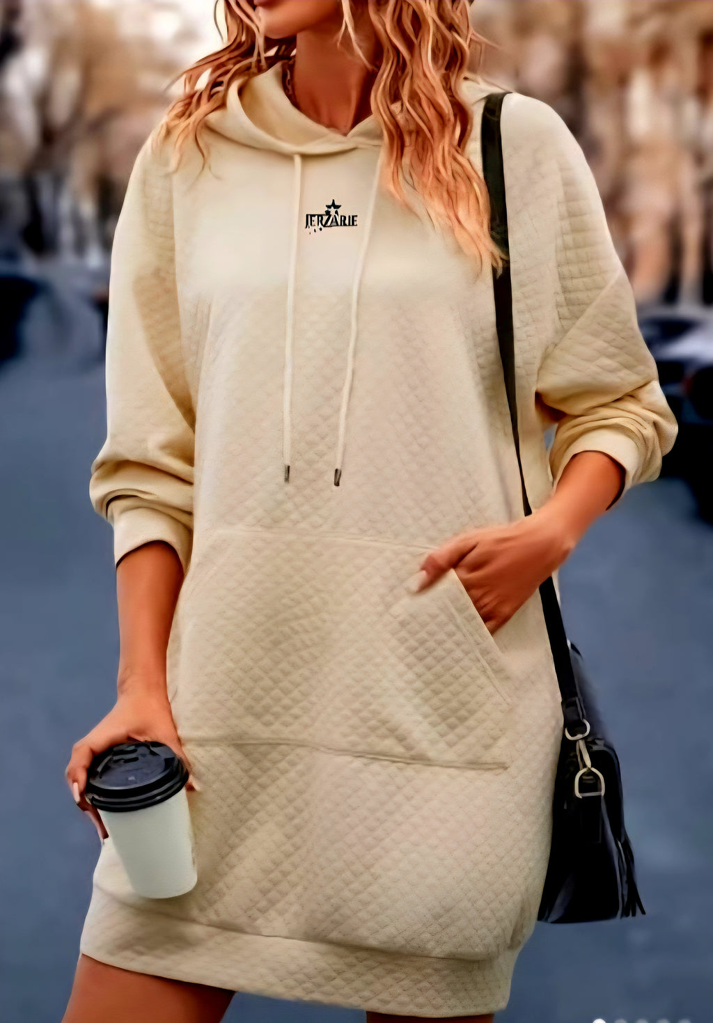 JerZarie Women's patterned hoodie dress in Beige(Apricot) with black starred logo