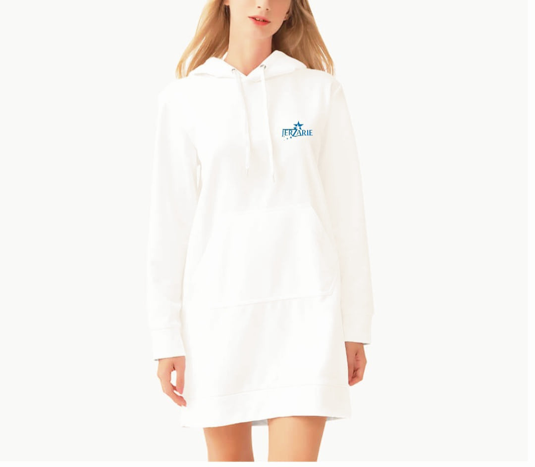 JerZarie Women's hoodie dress in White with blue starred logo