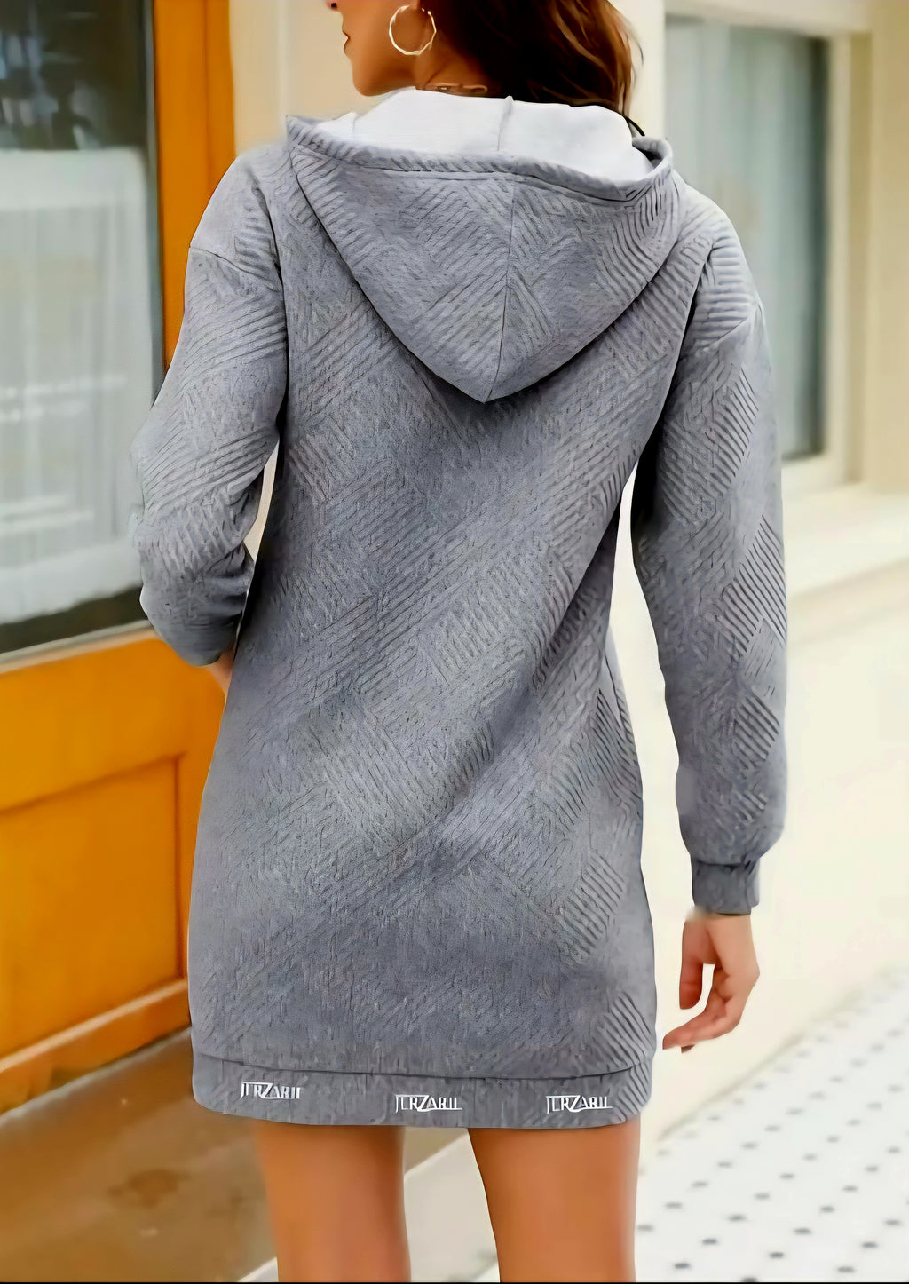 JerZarie Women's patterned hoodie dress in Grey with white classic logo and 3 classic logo at the back lower hem