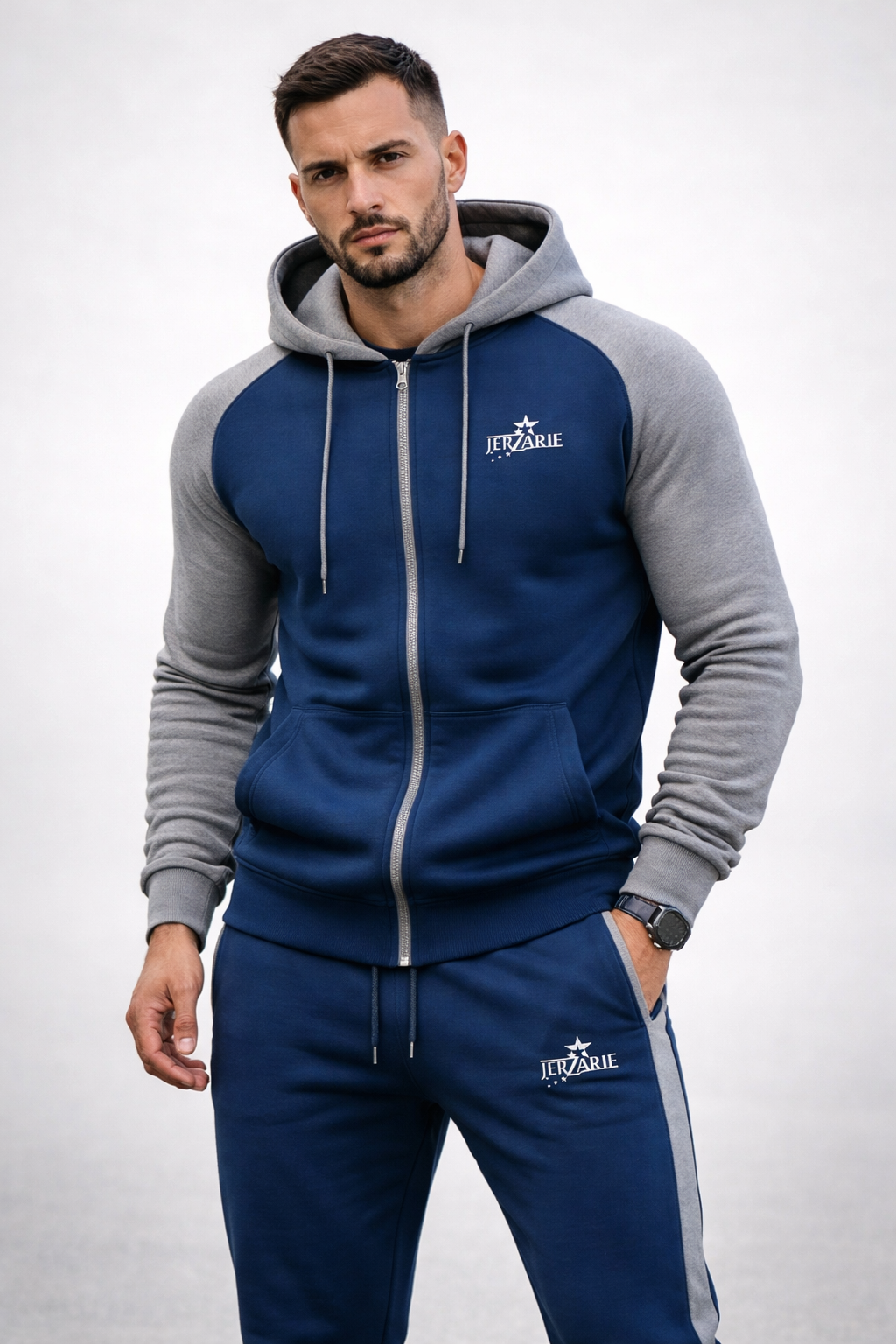 JerZarie Men's hoodie tracksuit in navy blue/grey with white starred logo
