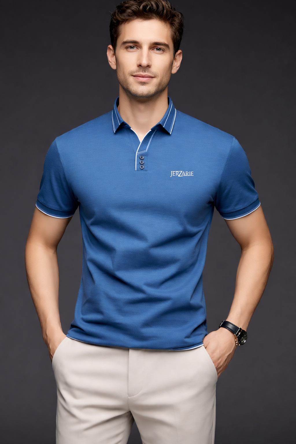 JerZarie Men's (breathable) stylish button front regular fit Polo Shirt in grey blue with white classic logo