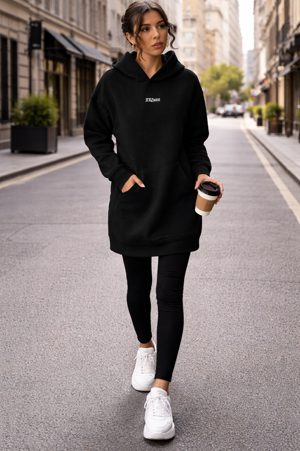 JerZarie Women's hoodie dress in Black with white classic logo