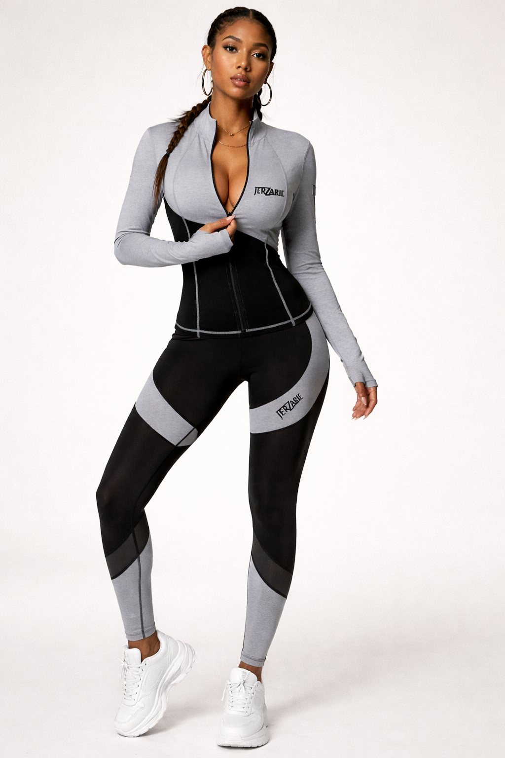 JerZarie Women's (breathable) Workout and Gym Set in grey blue with black classic logo