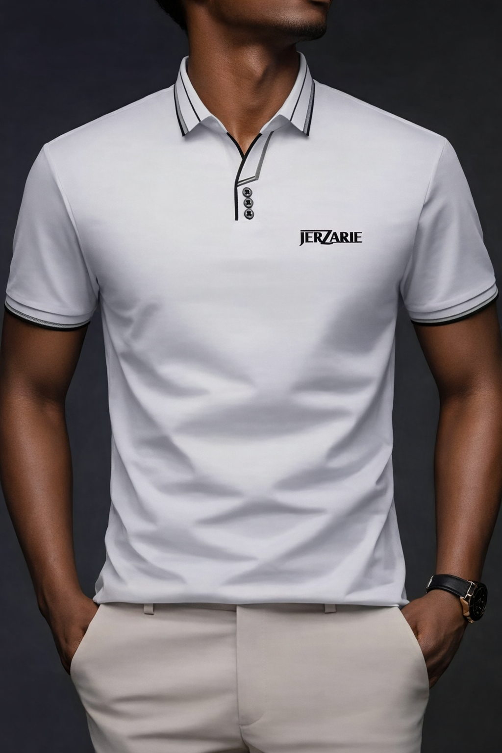 JerZarie Men's (breathable) stylish button front regular fit Polo Shirt in white with black classic logo