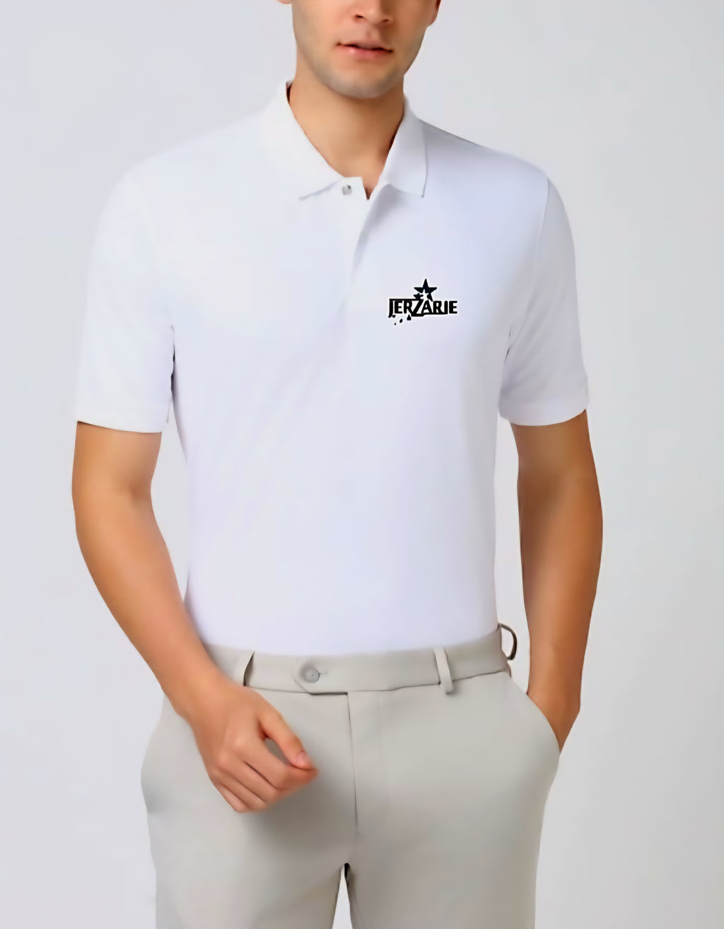 JerZarie Unisex regular fit Polo Shirt in white with black starred logo