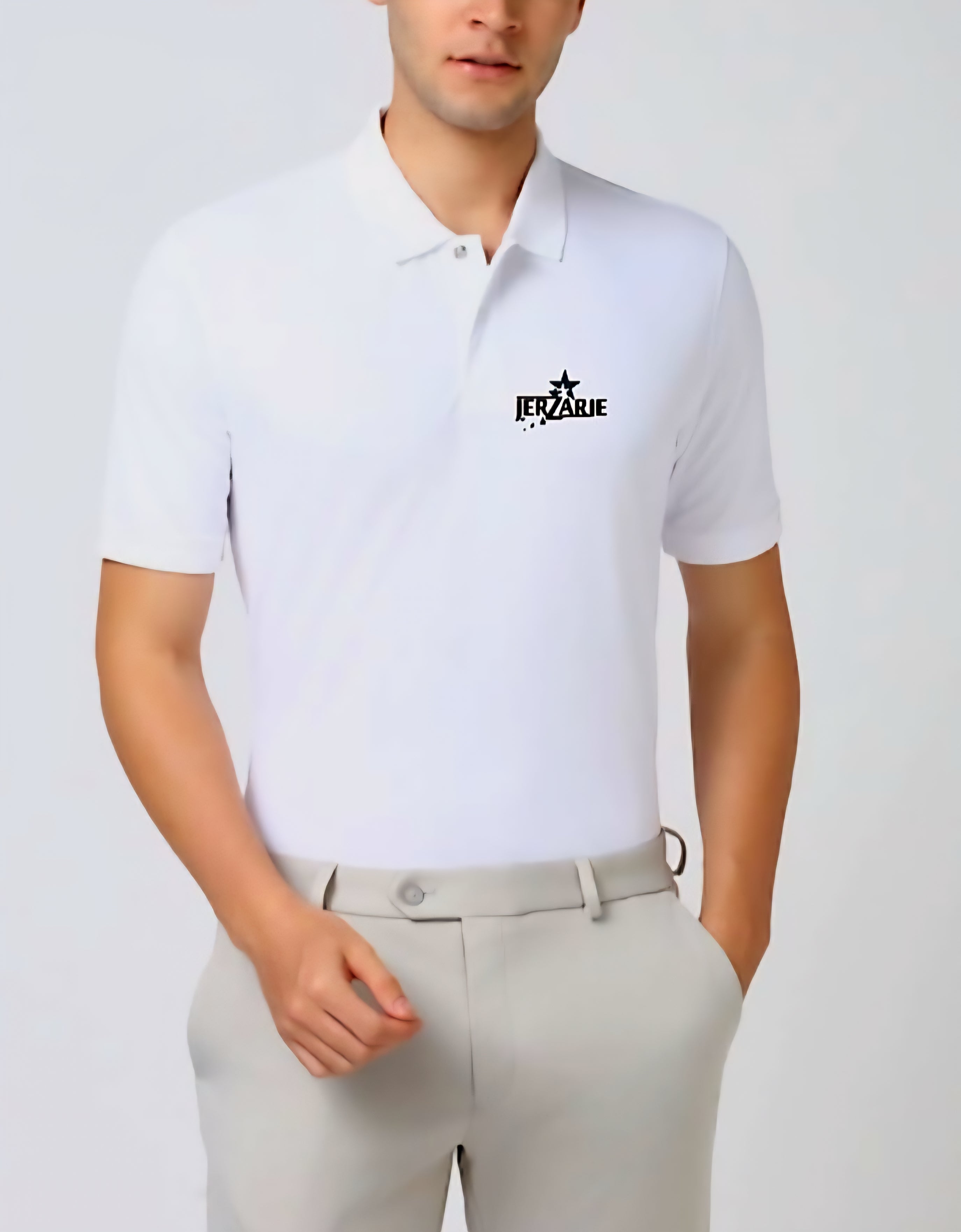 JerZarie Unisex regular fit Polo Shirt in white with black starred logo