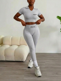JerZarie Women's Gym Set in Sand washed ash with black classic logo