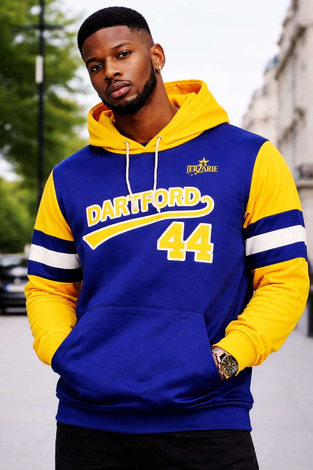 JerZarie Unisex Hooded Jersey in blue/Yellow with yellow starred logo